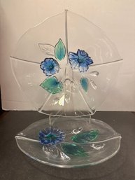 Clear Glass Decorative Bowl And Tray With Painted Blue Flowers And Green Leaves.