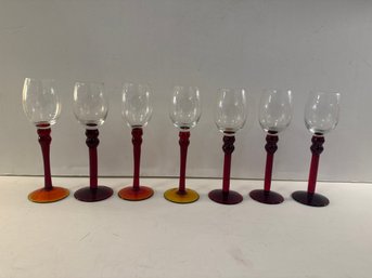 Vintage Cordial Glasses With Red/orange Stems.