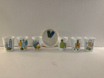 6-Margarita By Ursula Dodge For Signature Porcelain Shot Glasses And Small Tiki Trinket Tray