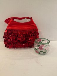 Red Flapper Purse And Flower Candle Holder