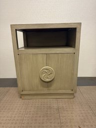 Mid-Century Modern Style Wooden Bedside Table With A Carved Circular Motif #1