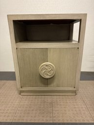 Mid-Century Modern Style Wooden Bedside Table With A Carved Circular Motif #2