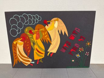 Folk Art Fabric Depicting Angels Playing Trumpets With Hebrew Text.