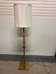 Vintage Brass Floor Lamp With Glass Shelf And Pleated Shade