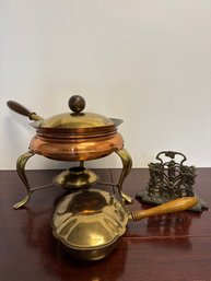 Leumas Brass/copper Warming Pot, Brass Butler With Wood Handle & Ornate Brass Mail Sorter