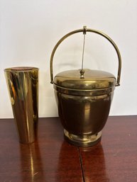 Italian Polished Brass Cocktail Shaker With A Wooden Lid And Brass Saks 5th Avenue Ice Bucket