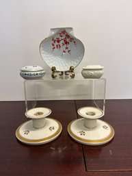 Royal Copenhagen Gold/off White Candle Holders, Limoges, Tiffany/co Limoges And Belleek Style Trinket Box