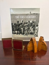 UJA Federation Of NY The First Century Book, Brass/leather Duck-it Book Ends & Geometric Wooden Bookends