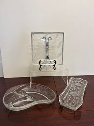 Fostoria Contour Glass Relish Dish With Etched Acorns/leaves, Glass Dish With Frosted Floral Etch, & Cut Glass