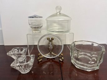 Glass Lot: Lidded Candy Jar, Candle Holders, Vintage Sweet/low Glass Sugar Jar And More