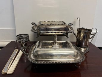 Silver Plate Serving Trays, Bar Knife, Ice Bucket And More
