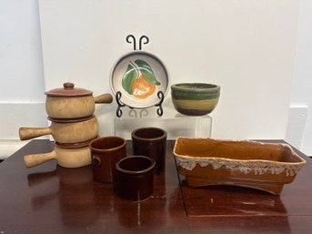 Vintage Brown Drip McCoy Planter, Brown Glazed Stoneware Crocks, & Bowls