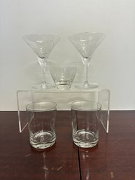 Flower Etched Martini Glasses, 2 Tumblers And One Small Glass