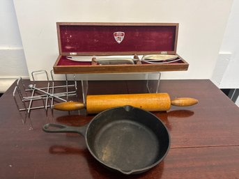 Cast Iron Lodge Skillet, Wood Rolling Pin, Stainless Steel Napkin Holder, & Gerber Bladed In Case