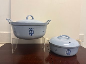 Vintage Dru Enamel Stew Pot With Blue Tulip Decoration