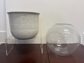 Cream-glazed, Vertically Ribbed Stoneware Vase Or Planter And Glass Fish Bowl Vase