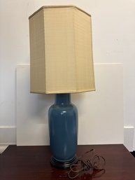 Blue Ceramic Table Lamp With An Octagonal Fabric Lampshade