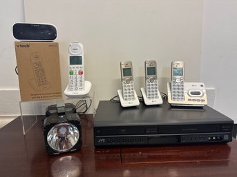 JVC DVD/VHS HR-XVC16, AT&T Cordless Phones, Vtech Cordless Phone, Timex Alarm Clock, & Flashlight