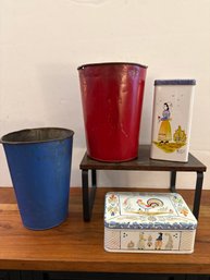 Vintage Quimper Tins, And 2 Antique Maple Syrup Buckets