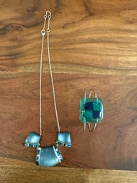 Alexis Bittar Blue Lucite And Crystal Statement Necklace & Glass And Silver Tone Bracelet