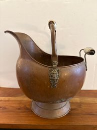 Antique Copper Coal Scuttle With Porcelain Handles And Brass Lion's Head
