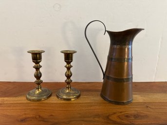 Vintage Copper Pitcher With Brass Banding & Brass Candle Holders