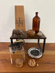 Littles: Vintage Clorox Bottle, Wood/soapstone Trinket Box, Metal Cannon, Rhino, Wood Mini Tea Set And More