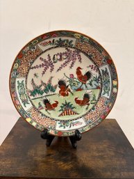 Chinese Famille Verte Rooster Plate Hand Painted Porcelain
