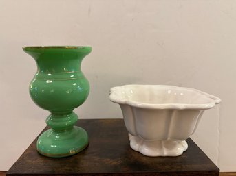 Opaque Green Glass Vase With Gold Rim & Pottery Petal Pedestal Bowl With A Scalloped Rim