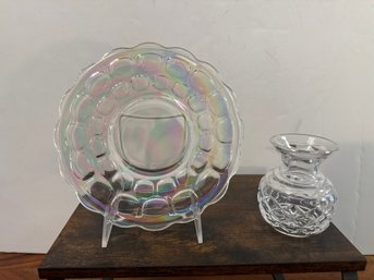 Federal Glass Yorktown Pattern Iridescent Luncheon Plate & Cut Glass Vase