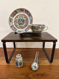 Chinese Rose Medallion Porcelain Teacup/saucer Set, Hexagonal Cloisonn Enamel Jar, & Chinese Decorative Spoon