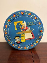 Vintage Quinlan's Amish Dutch Round Tin With Farm And Pretzel Motif