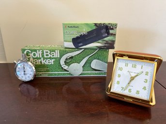 Radio Shack Golf Scope, Star Case Golf Ball Marker, Aristo Apollo 7 Jewels, And Phinney-walker Travel Clock