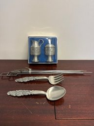 Norwegian Pewter Sugar/creamer Set With Serving Spoon/fork & Mid Century Modern Skewers