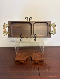 Set Of Mid-century Modern Wooden Coasters & Vintage Israeli Wooden Serving Tray With Brass And Enamel Handle