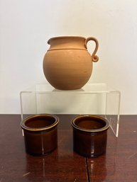 Decorative Italian Terracotta Pitcher Coiled Handle And White Interior, & Vintage Brown Stoneware Ramekin