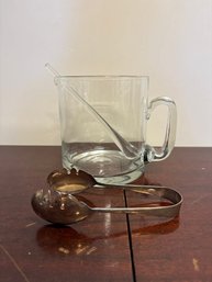 Sheffield Tongs And Clear Glass Cocktail Pitcher/ice Bucket With A Matching Stirrer.