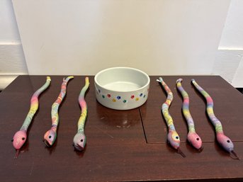 Rainbow Creature Snakes And Ceramic Dog Bowl