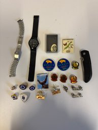 Pins, Watches, Rolex Band And Bali Song Knife