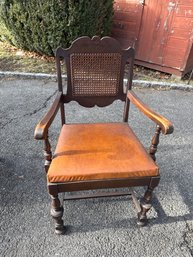 Antique Baroque-style Armchair With Cane Back And Leather Seat