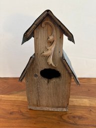 Rustic Reclaimed Barn Wood Birdhouse With Carved Detail And Tin Roof