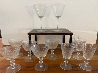 Vintage Cut Glass Wine Glasses With Etched & Diamond Patterns & Vintage Etched Grape Wine Glasses