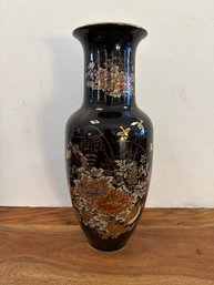 Vintage Japanese Black Porcelain Vase With Gold Peacock And Floral Design