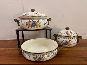 Vintage Kamerstein Floral Enamel Dutch Oven Set With Brass Handles