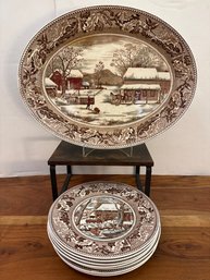 Johnson Bros Thanksgiving Historic America Frozen Up Large Platter & 7 Plates