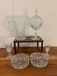 Cut Glass: Pitcher, Candy Dish, Ashtrays And 2 Glasses