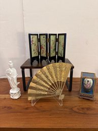 Miniature Folding Screen With Painted East Asian Scenes, Brass Fan With Dragon, & Hand-painted Chinese Egg