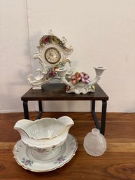A Decorative Kaiser Porcelain Mantel Clock With Applied Floral Motifs, Candelabra, Princess China Gravy