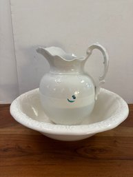 White Ceramic Washbasin And Pitcher Set With Blue Decoration
