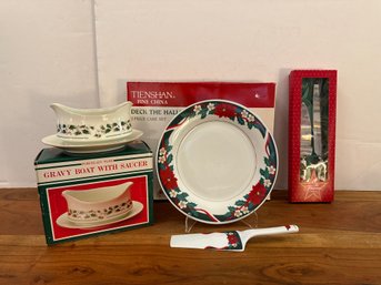 Christmas Gravy Boat, Deck The Halls Cake Plate/server And All The Trimmings Cake Servers